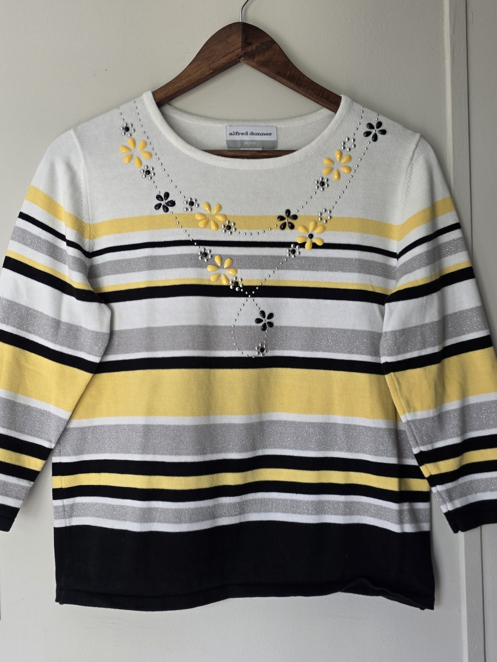 Alfred Dunner White Yellow Black Gray Striped Floral Appliqué Sweater